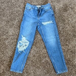 Topshop Medium Blue Distressed Straight-Leg Jeans